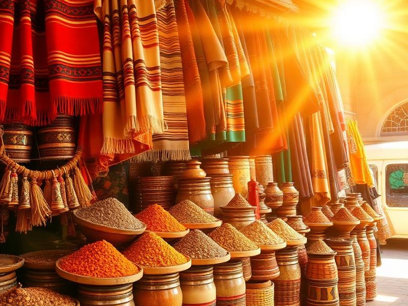 Étal de tissus et d'épices colorés dans une boutique de Djibouti
